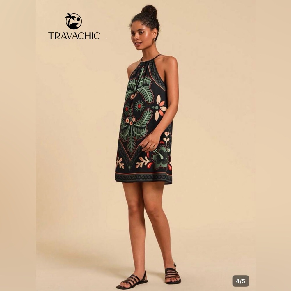 SHEIN Black Halter Neck Floral Print Mini Dress - Picture 2 of 5